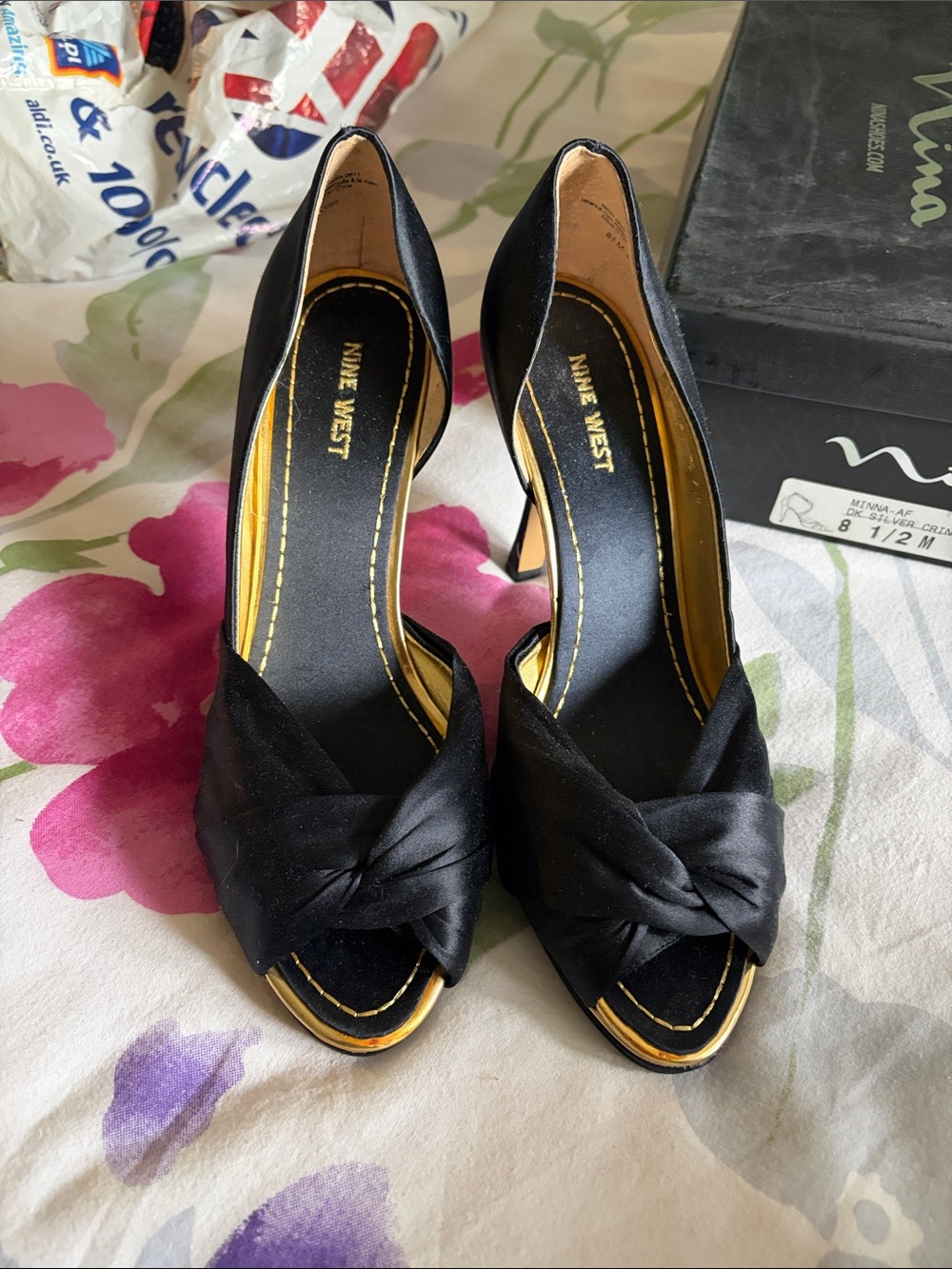 Nine West Black Satin Knot Peep-Toe Pumps with Gold Trim